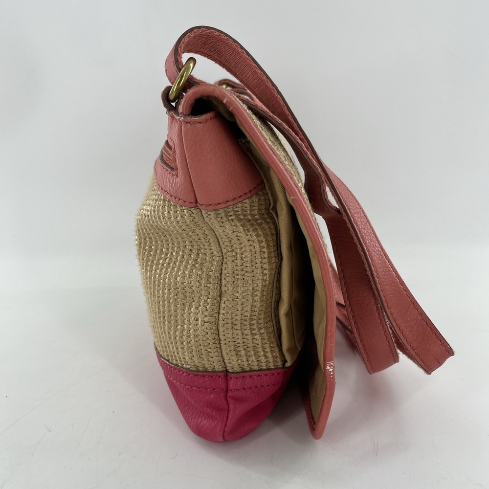 Rare Vintage Fossil Crossbody Messenger Straw & Leather Tablet Bag Pink Coral - Picture 7 of 16